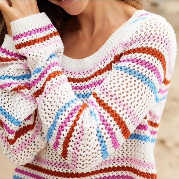 L*Space On The Horizon Striped Color Crochet Cover-Up Sweater Open Knit Size XL - Picture 2 of 11